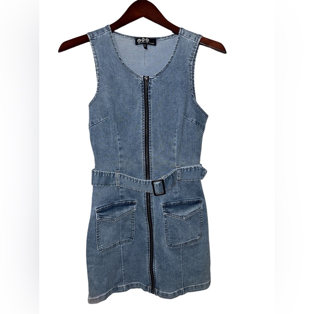 Peace Love Eco by Rewash Denim Zip Front Mini Dress Belted NWOT Medium